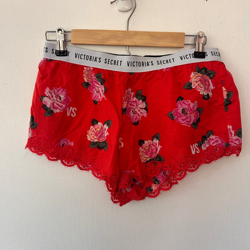 Victorias Secret Micro Mini Pajama Shorts Women Small Red Floral Trim Coquette